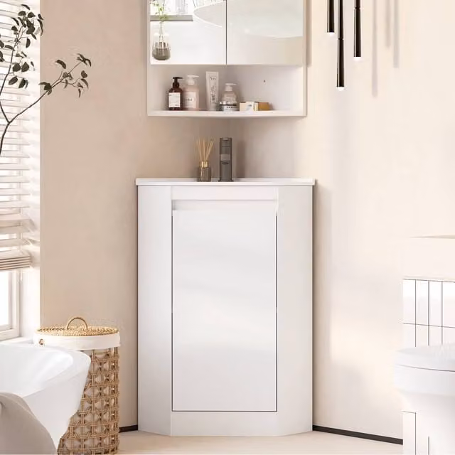KEEPREAPER Modern White Corner Vanity Unit with Ceramic Sink and Soft-Close Hinged Doors, W: 60 cm
