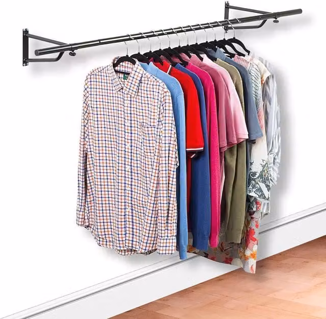 House of Home Wall Mounted Metal Clothes Rail in Matt Black, W: 182.88 cm, D: 15.5 cm