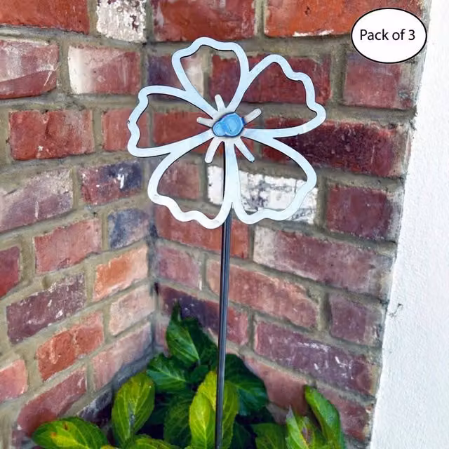 Poppyforge Pack of 3 Metallic Silver Flowering Petal Plant Pins, 30 cm Metal Garden Stakes