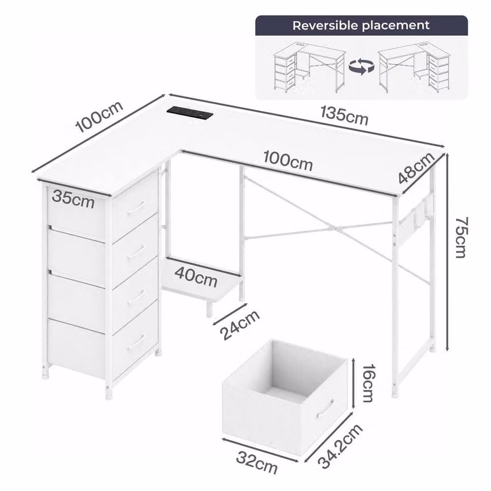 FORGEVIO L-Shaped Corner Office Desk with Drawers and Power Outlet in White – 2
