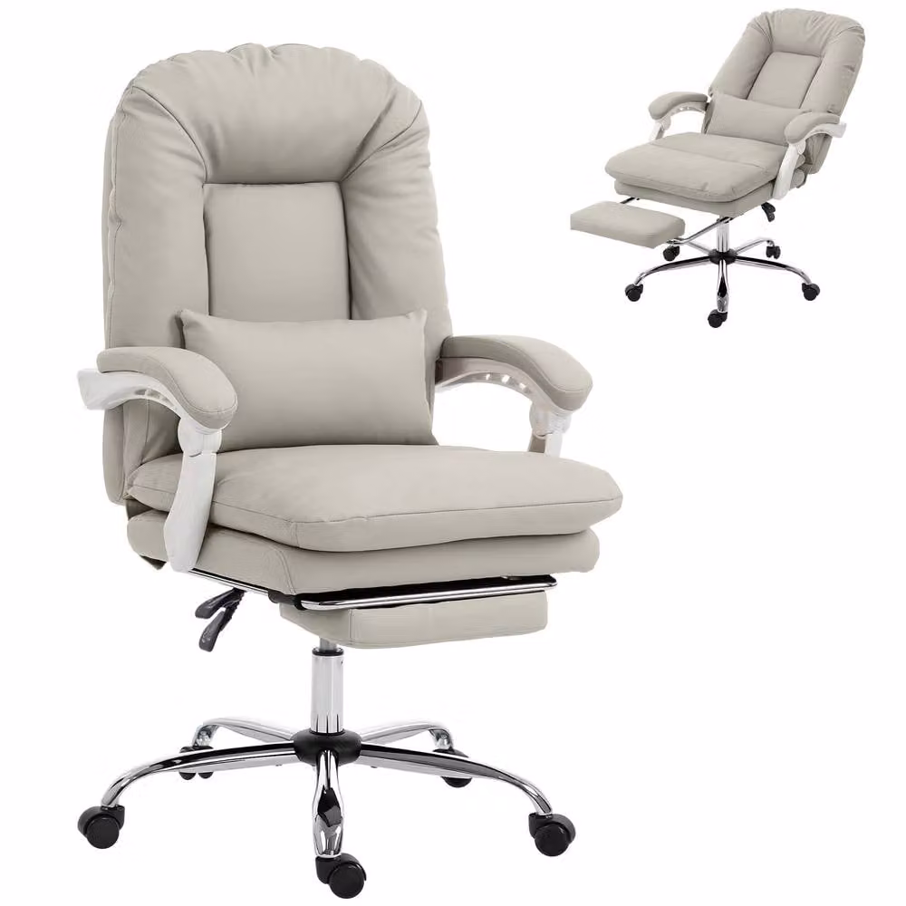 HOMCOM Modern Executive Reclining Office Chair with Headrest and Armrests in Beige Synthetic Leather – 2