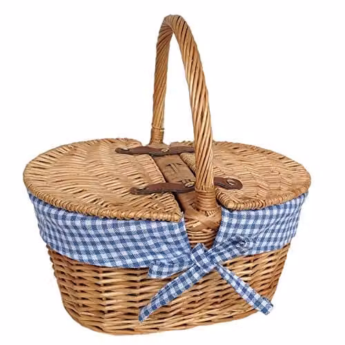 Red Hamper Child's Oval Lined Lidded Wicker Picnic Basket in Red and Brown