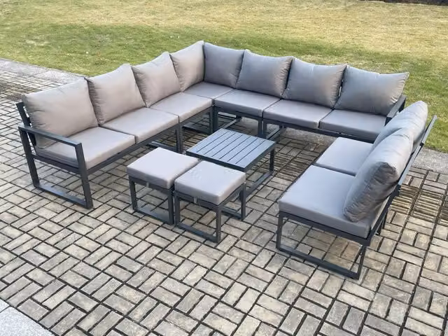 Fimous 11 Seater Aluminium Garden Furniture Set in Dark Grey with L-Shape Corner Sofa, Square Coffee Table and 2 Ottomans