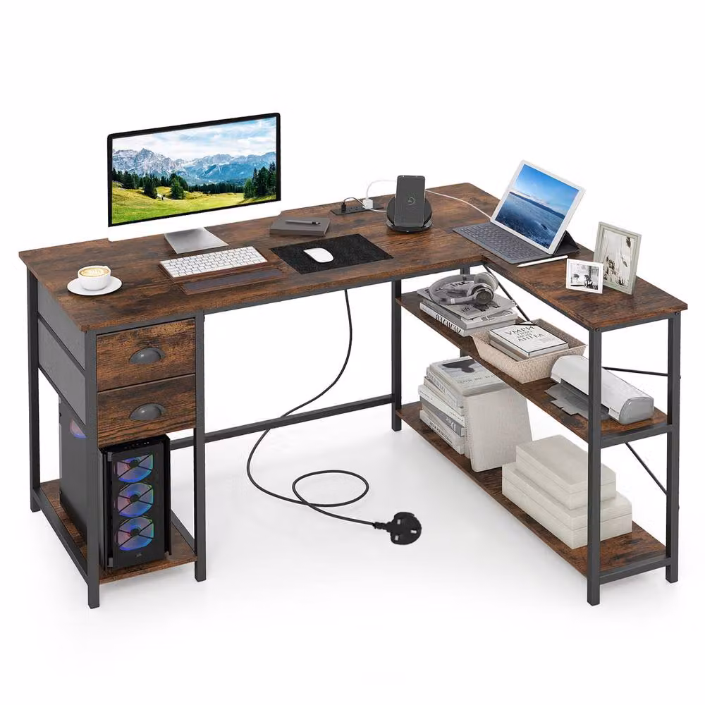 Gymax L Shaped Corner Desk with Charging Station and Cable Management, Brown – 5