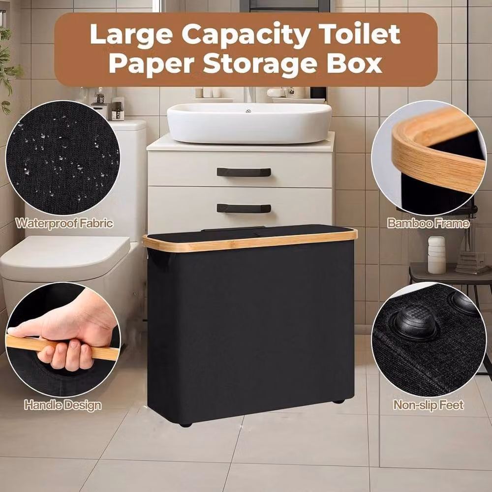 KORVIXA Black Bamboo Freestanding Toilet Roll Storage Basket with Handles, W/D/H: 90.0 x 35.0 x 0.0 cm – 4