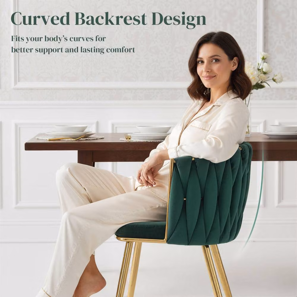 STILVORA Set of 2 Green Velvet Dining Chairs with Gold Metal Legs and Armrests – 5