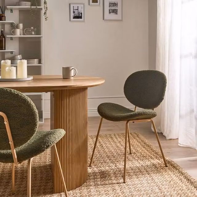Wyld and Coco Set of 2 Dark Green Boucle Dining Chairs with Metal Legs – 1