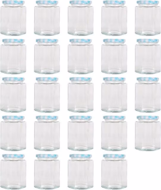 Argon Tableware Hexagonal Glass Jam Jars with Blue Checked Screw-Top Metal Lids, 250ml, Pack of 24