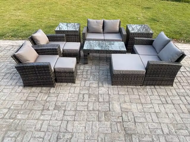 Fimous 9 Seater Dark Grey Rattan Garden Furniture Set with High Back Sofa, Love Seat, Armchairs, Coffee Table and Ottomans