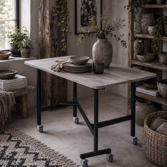 Wyld Haus Ritodo Grey Marble Effect Mobile Drop Leaf Dining Table with Castors W/D/H: 120 x 80 x 73 cm