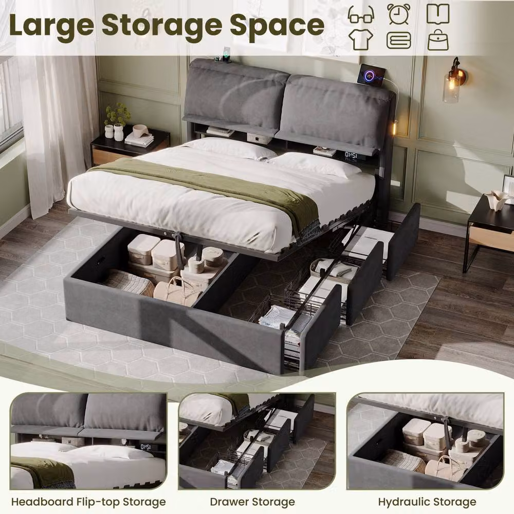 Merax 5ft King Ottoman Bed in Grey with Drawers, LED Lighting and USB Charging Station – 5