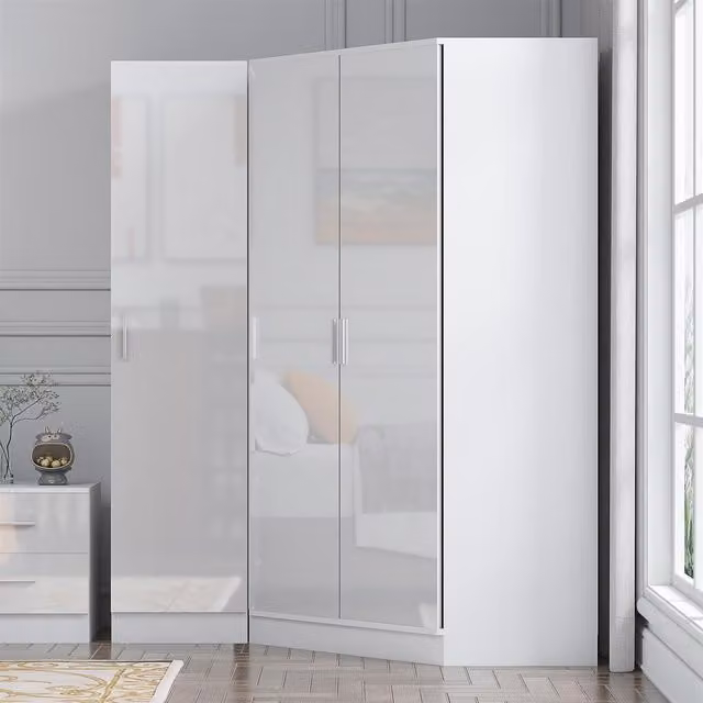 REFLECT Wardrobe Bundle featuring a 2 Door Corner and 1 Door unit in White Gloss and Matt White