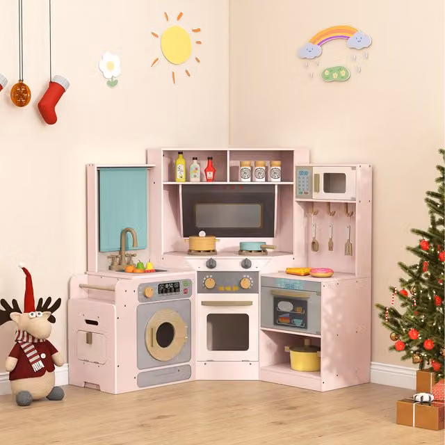 Costway Pink Wooden Corner Kids Pretend Play Kitchen