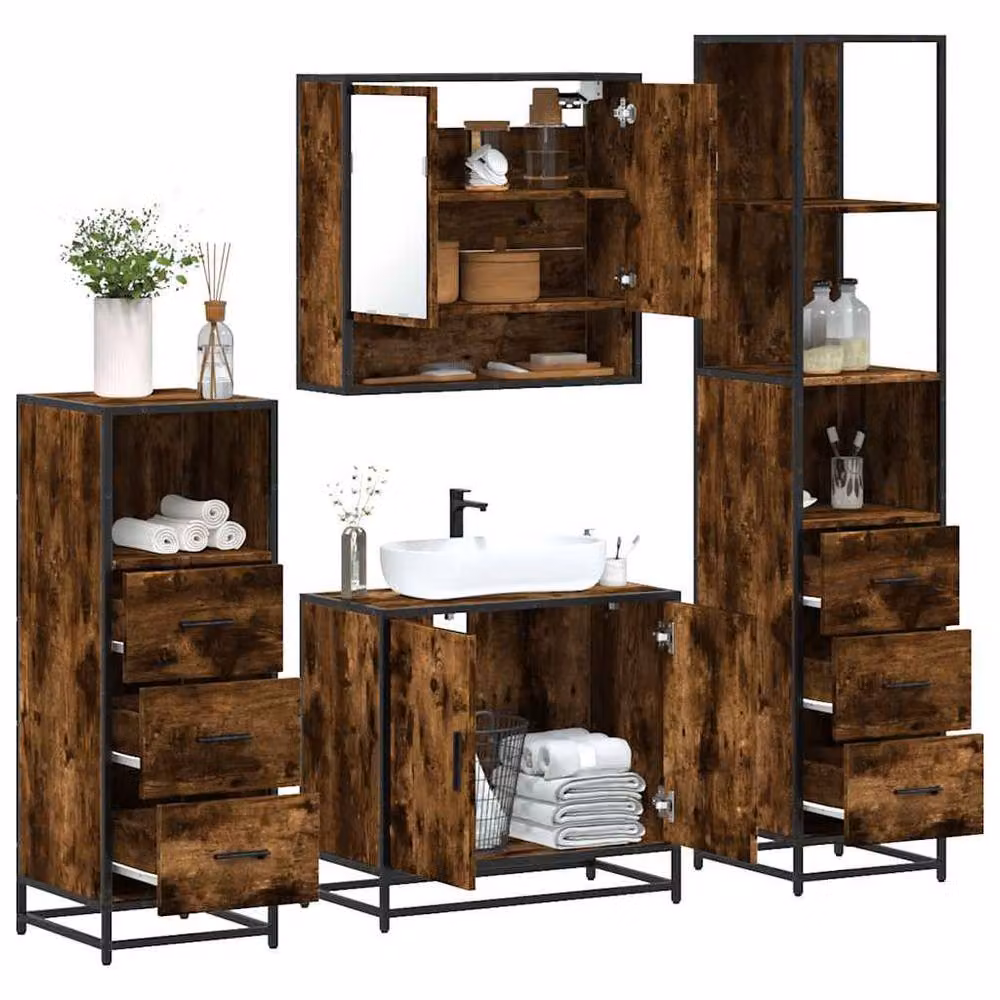 Berkfield Home 4-Piece Industrial Bathroom Furniture Set in Smoked Oak and Brown – 2