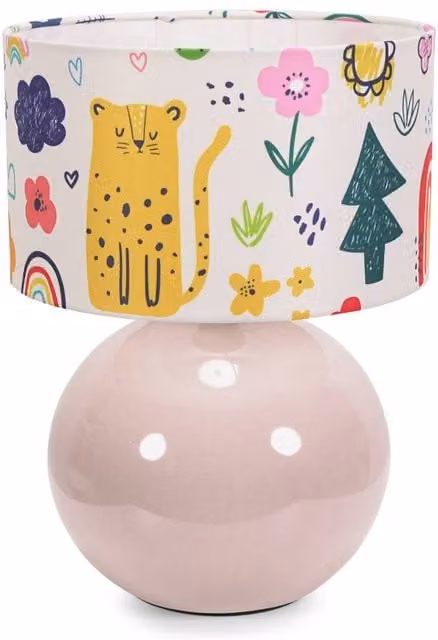 Bosco Stone Table Lamp with Yellow and Multicolour Doodle Fabric Shade