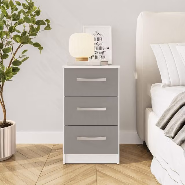 Birlea Lynx 3 Drawer Bedside Table in White, Grey and Silver