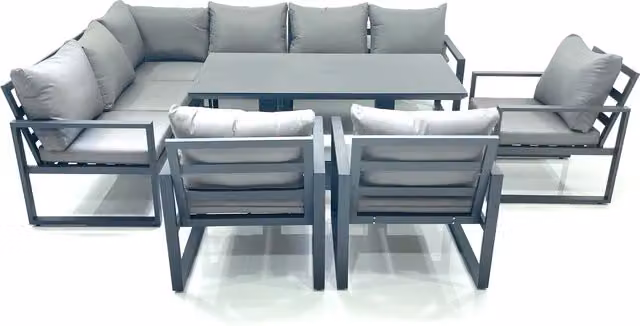 Fimous Aluminum Outdoor Garden Furniture Set with Corner Sofa, 3 Chairs and Adjustable Rising Lifting Dining Table in Dark Grey – 1