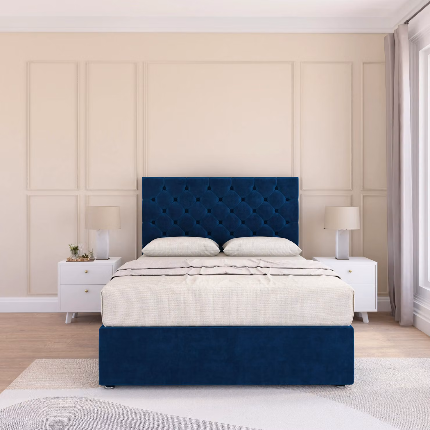 Sloomy Mayfair Super King Divan Bed Base with Chesterfield Floor Standing Headboard in Navy Blue Velvet