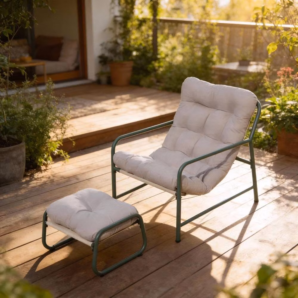 KORVIXA Beige Striped Sling Garden Relaxer Chair with Weatherproof Cushion and Steel Frame – 2