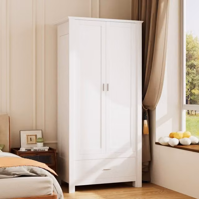 Livingandhome Modern Freestanding Double Door Wardrobe with Drawers and Hanging Rail in Black and White Matt Finish