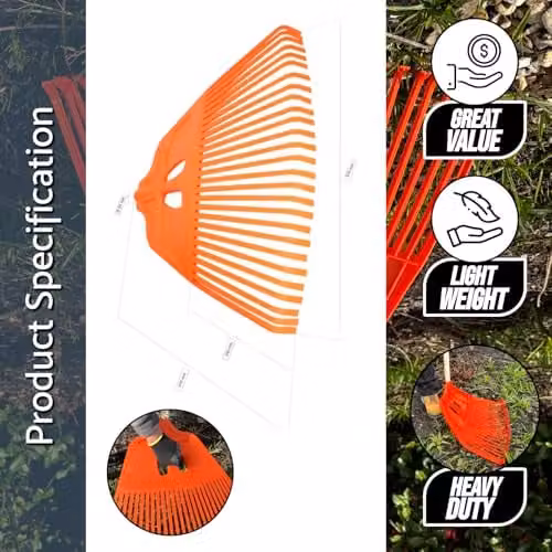 SolaDirect Heavy-Duty Garden Rake with 19 Plastic Tines and Wood Handle, Orange, Width: 44 cm, Length: 57 cm – 4
