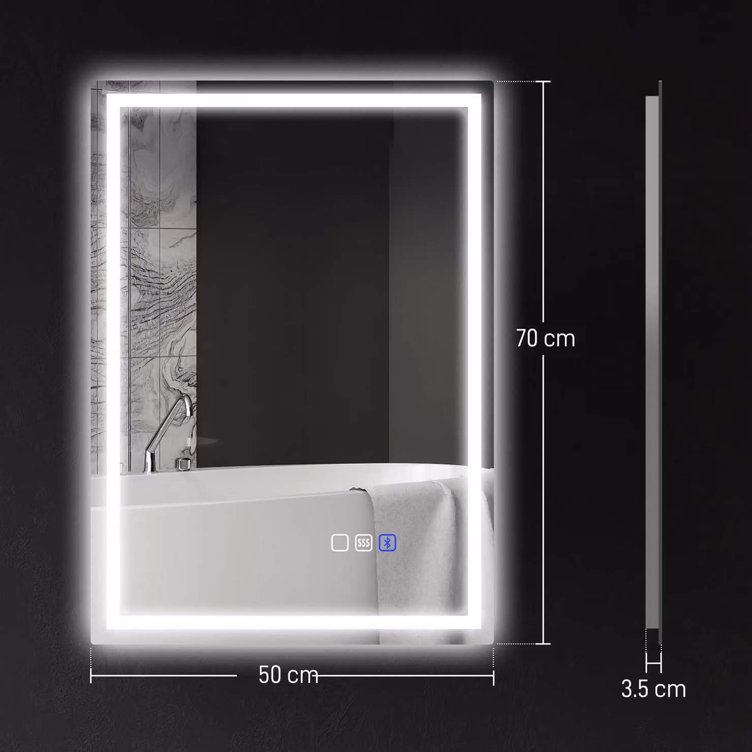 HOMCOM Bluetooth LED Bathroom Mirror with Anti-Fog, Silver Tone, W: 50 cm, H: 70 cm – 3