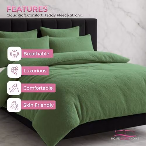 Home Sweet Home UK Teddy Bear Fleece Duvet Cover and Pillowcase Set, Green, Super King (Duvet Cover: 200 x 200 cm, Pillowcase: 50 x 75 cm) – 4