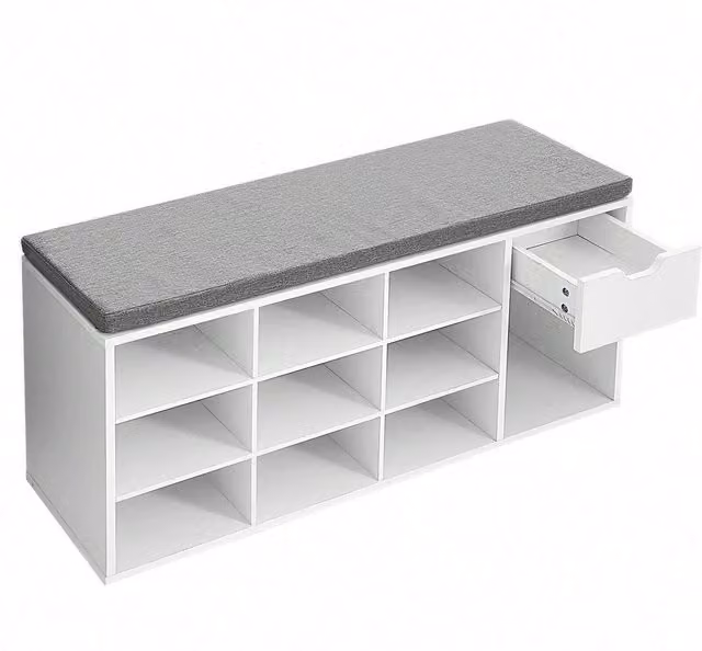 VASAGLE Modern White Shoe Storage Bench with Fabric Cushion and Drawer