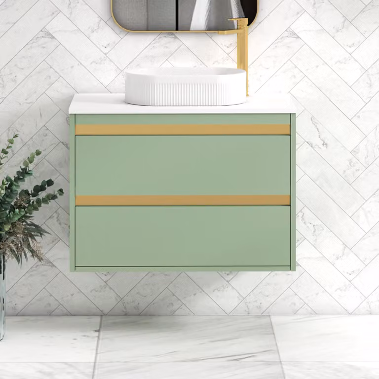 Royal Bathrooms Orion 800mm Wall Hung Mint Sage Vanity Unit with Lyon Basin and 2 Drawers and Brushed Brass Accent Trim