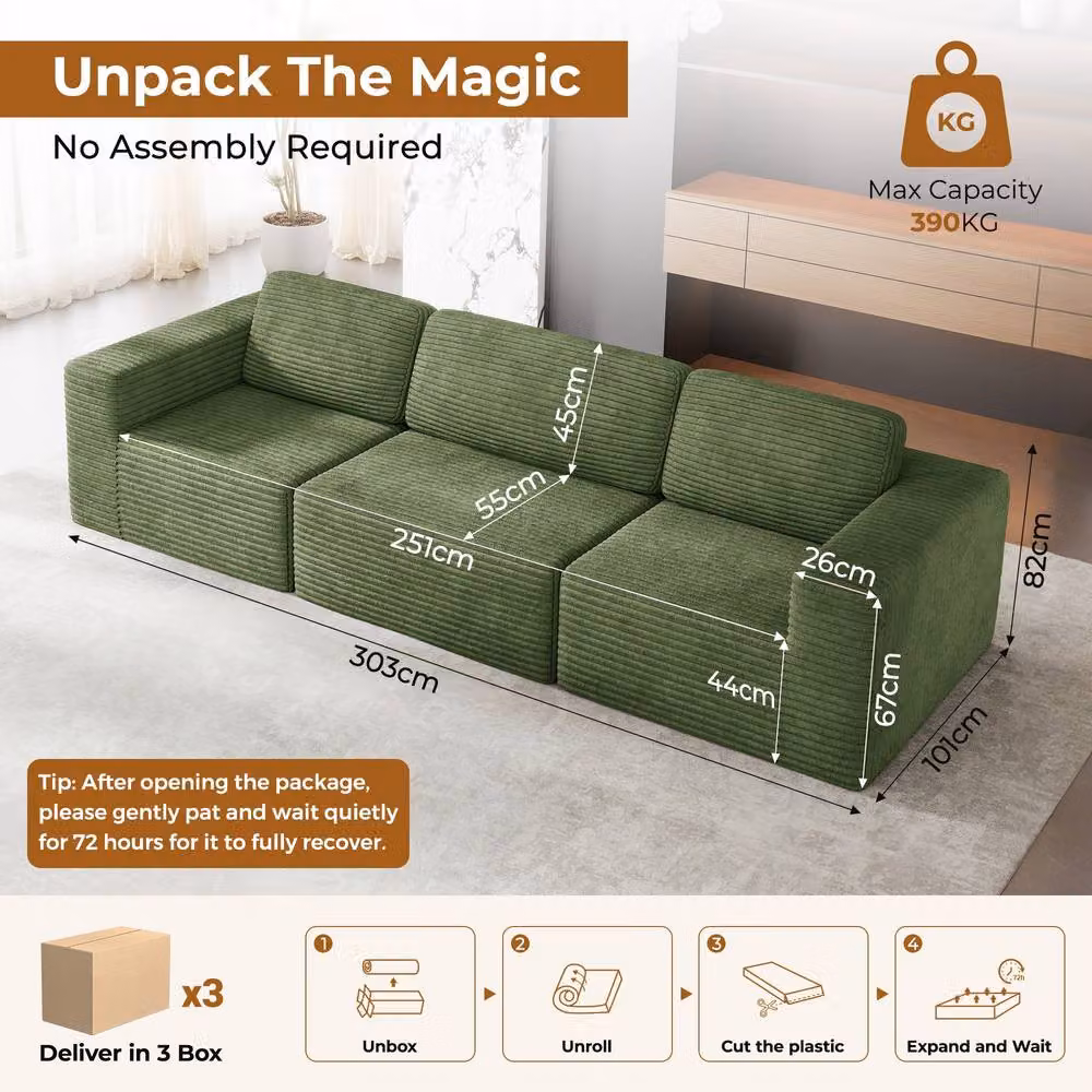 Dprodo Green Corduroy Modular L-Shape Sofa with Matching Ottoman and Removable Covers – 2