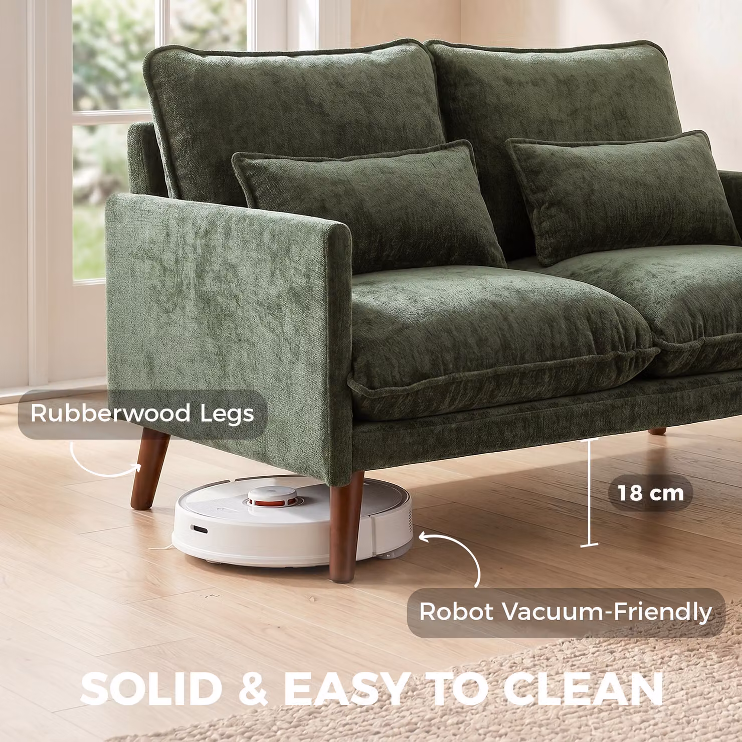 HOMCOM 2 Seater Velvet Sofa in Green with Scatter Cushions and Rubberwood Legs – 5