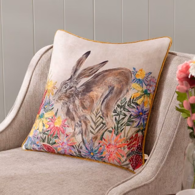 Wylder Country Wilds Blossom Hare Printed Multicolour Polyester Filled Square Cushion, W/D/H: 45 x 45 x 45 cm – 1