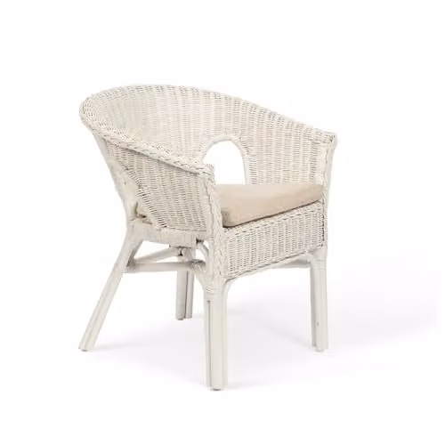 Desser Indoor Small Adults Wicker Loom Chair in White with Cloud Cushion, Natural Cane, H 72 cm x W 60 cm x D 60 cm