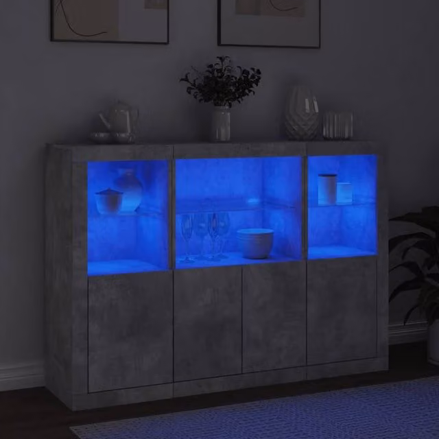 Berkfield Home 3-Piece Sideboard Set with Integrated LED Lighting in Concrete Grey Matt Engineered Wood and Glass