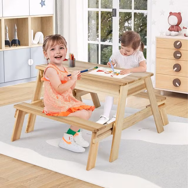Costway 4-in-1 Wooden Table and Bench Set in Brown for Children's Rooms and Gardens