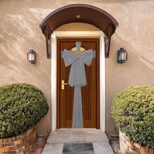 SHATCHI Silver Christmas Door Bow, 9m Giant Textile Bow for Front Door Decorations – 4