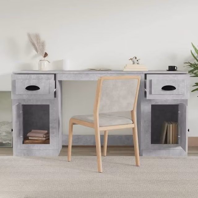 Berkfield Home Elegant Modern Desk with Office Cabinet in Concrete Grey MDF