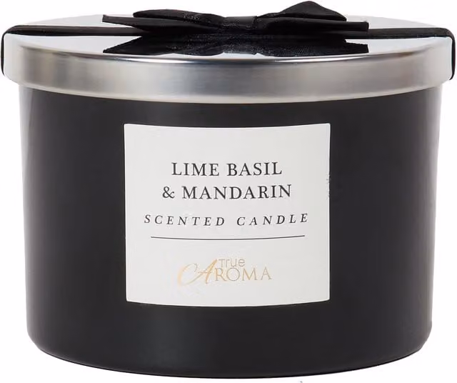 True Aroma Lime Basil and Mandarin 3 Wick Tabletop Candle in Black Metal