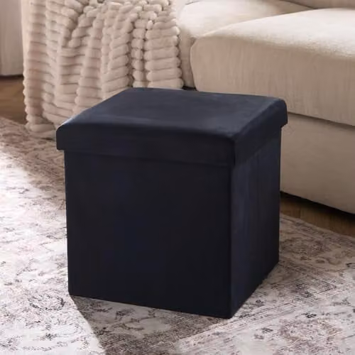 OHS Cube Storage Ottoman in Matte Black Velvet with Hidden Storage and Lid