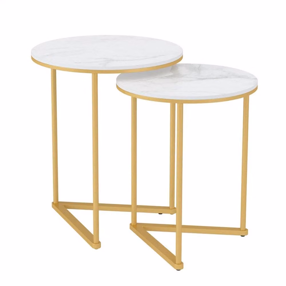VOGREX Round Marble Nesting Coffee and Side Tables in White and Multicolour – 2