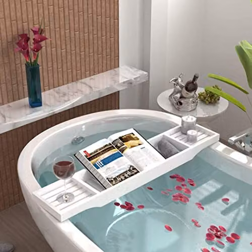 MantraRaj White Bamboo Bath Caddy Tray and Bathroom Shelf Organizer – 2