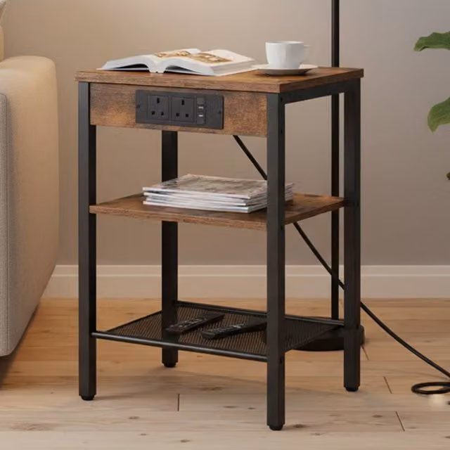 FORGEVIO A-Brown 3 Tier Side Table with Charging Station and Adjustable Shelf in Brown