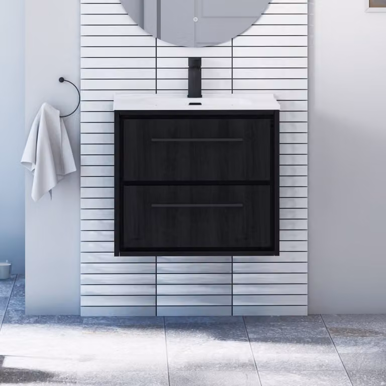 Livora Black Woodgrain Wall Hung Vanity Unit with 2 Drawers, Ceramic Basin and Matt Black Handle, Width: 60 cm