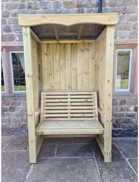 Four Seasons 2 Seat Wooden Garden Arbour in Brown with Included Cushions, H 205 cm x W 120 cm x D 85 cm