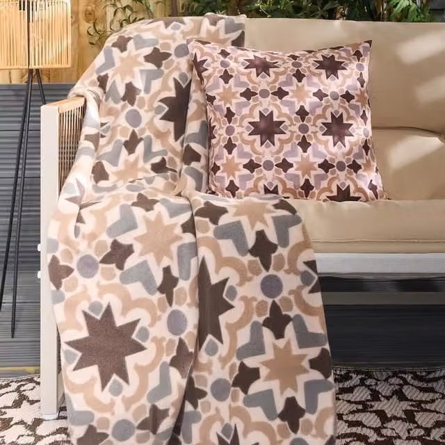 OHS Geometric Tile Print Fluffy Fleece Throw in Beige and Multicolour