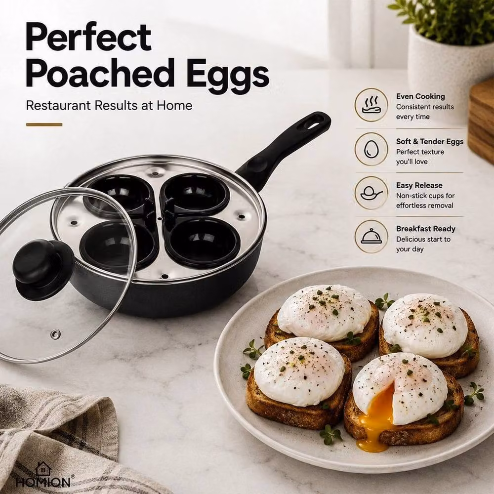 FLAVORA Non Stick 4 Cup Egg Poacher Pan with Glass Lid, Black – 4