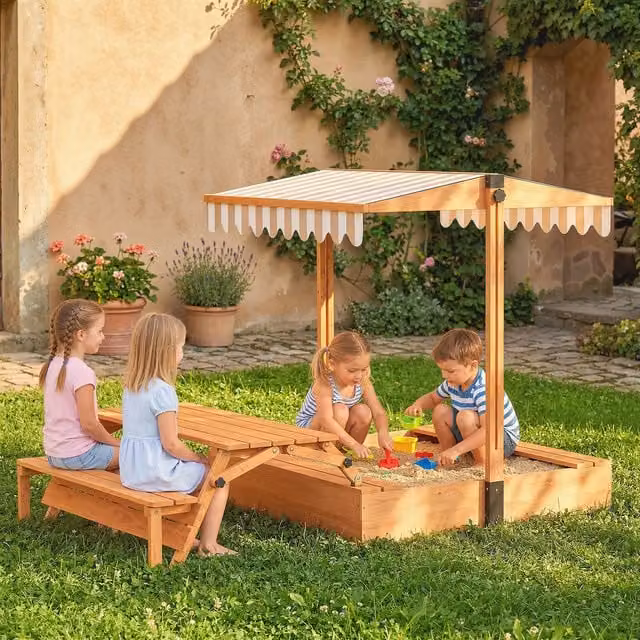 AIYAPLAY Foldable Wooden Kids Sand Pit with Canopy and Lid, Brown