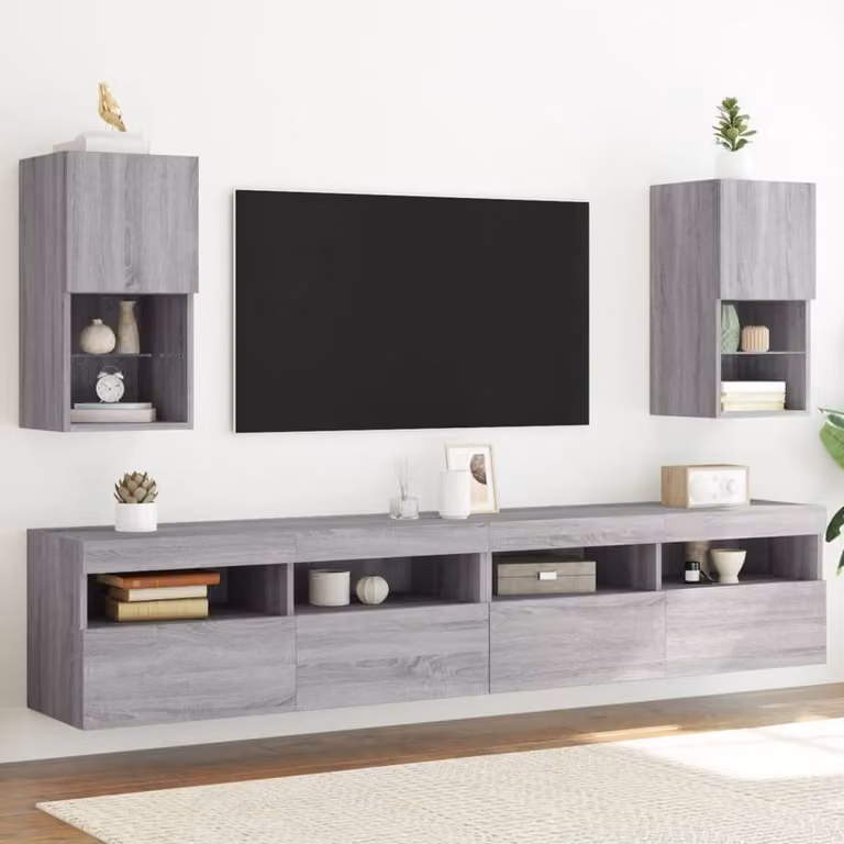 Berkfield Home Set of 2 Modern Grey Sonoma TV Cabinets with Integrated LED Lighting, W/D/H: 60 x 30 x 30 cm