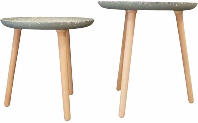 Four Candle Set of 2 Green Sage Terrazzo Round Side Tables with Wood Legs