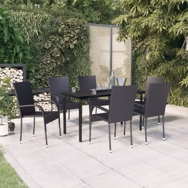 Berkfield Home 7 Piece Outdoor Dining Set in Black Steel and Glass